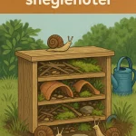 Illustration af et sneglehotel i haven, bygget af naturmaterialer som træ, mos og urtepotter, omgivet af snegle og grøn beplantning.