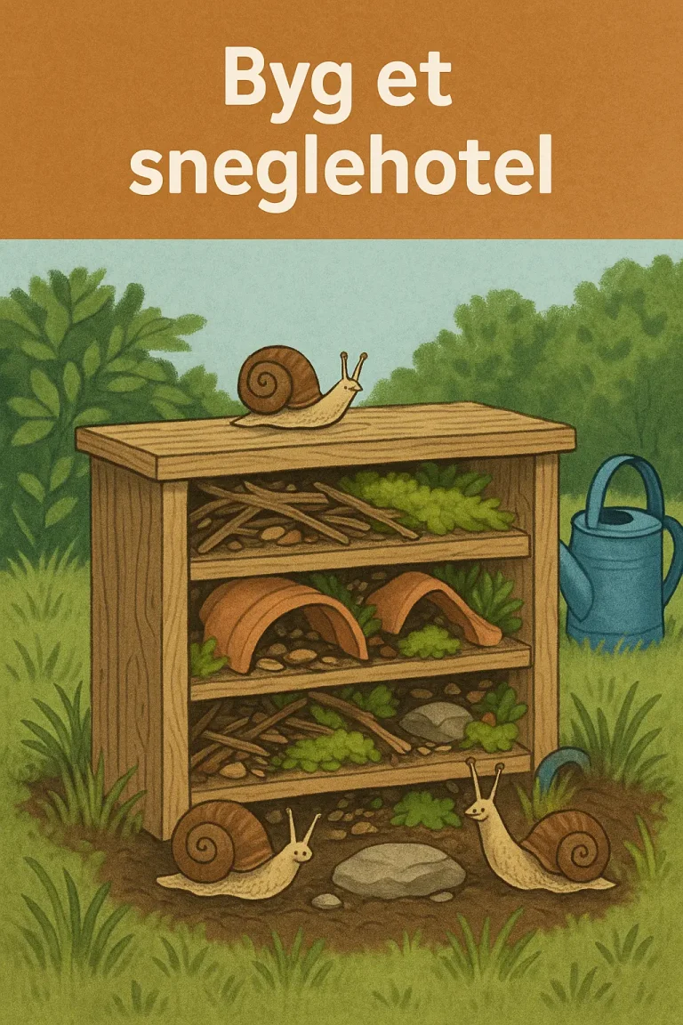 Illustration af et sneglehotel i haven, bygget af naturmaterialer som træ, mos og urtepotter, omgivet af snegle og grøn beplantning.
